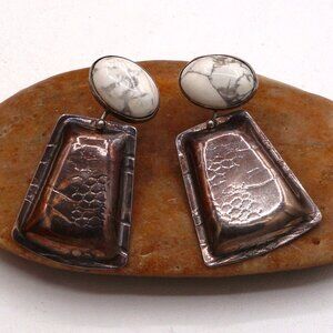 Vintage AJV Silversmith White Buffalo Sterling Silver Modernist Drop Earrings